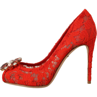 Dolce & Gabbana Red Taormina Lace Crystal Heels Pumps