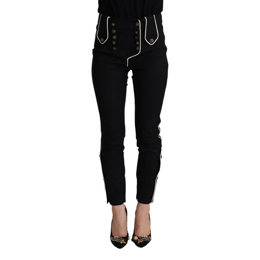 Dolce & Gabbana Black Mid Waist Button Embellished Slim Fit Pants