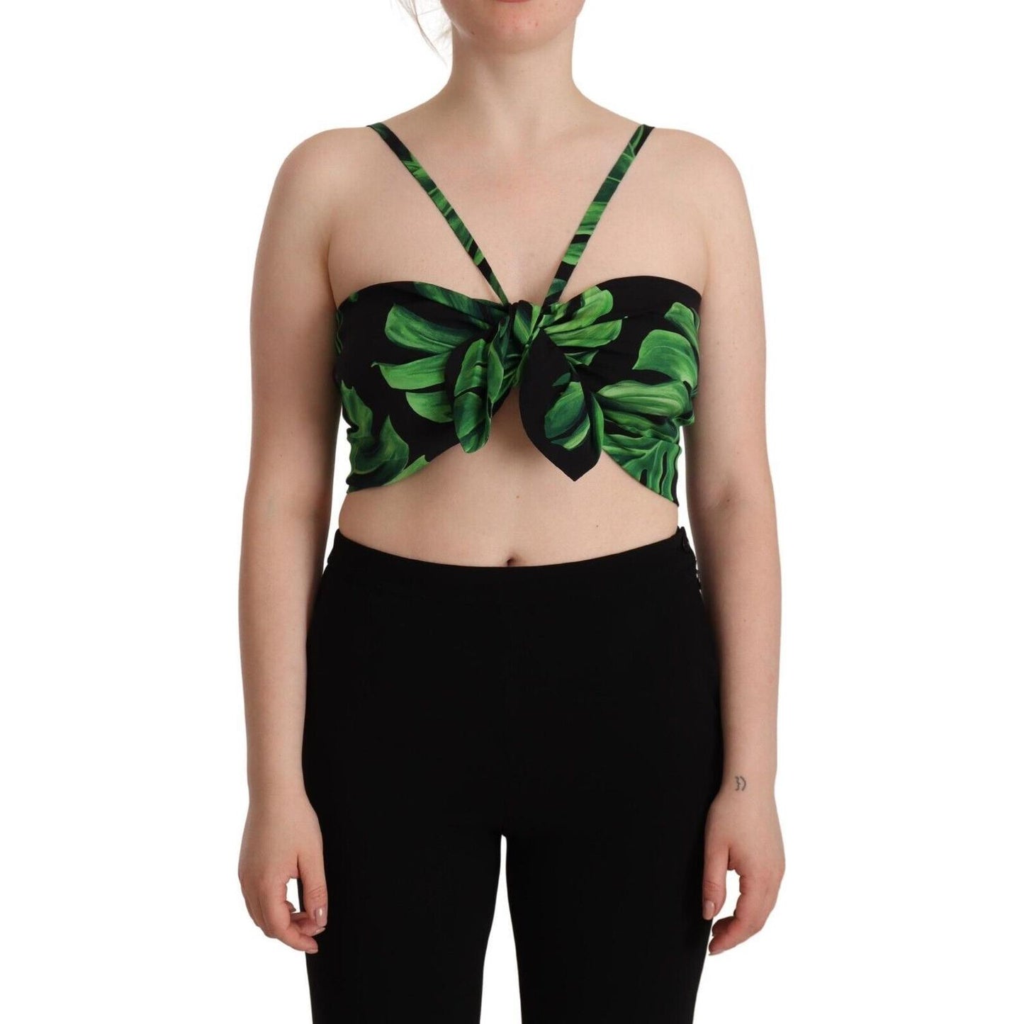 Dolce & Gabbana Black Green Leaf Silk Halter Cropped Top 1728,67345645728,Black and Green,Clothing,Dolce & Gabbana,IT48|XXL,Material: 89% Silk 11% Elastane,New with tags,Sleeveless - T-Shirts - Clothing,T-Shirts - Clothing,Tops & T-Shirts - Women - Clothi