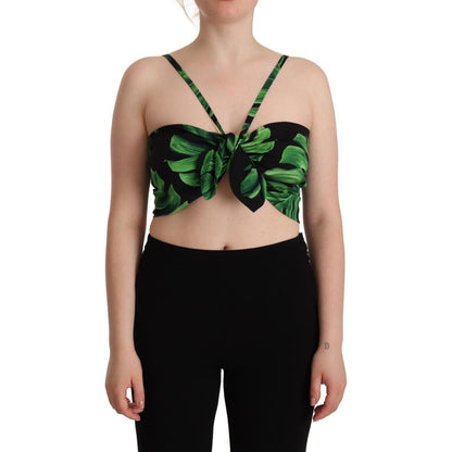 Dolce & Gabbana Black Green Leaf Silk Halter Cropped Top 1728,67345645728,Black and Green,Clothing,Dolce & Gabbana,IT48|XXL,Material: 89% Silk 11% Elastane,New with tags,Sleeveless - T-Shirts - Clothing,T-Shirts - Clothing,Tops & T-Shirts - Women - Clothi