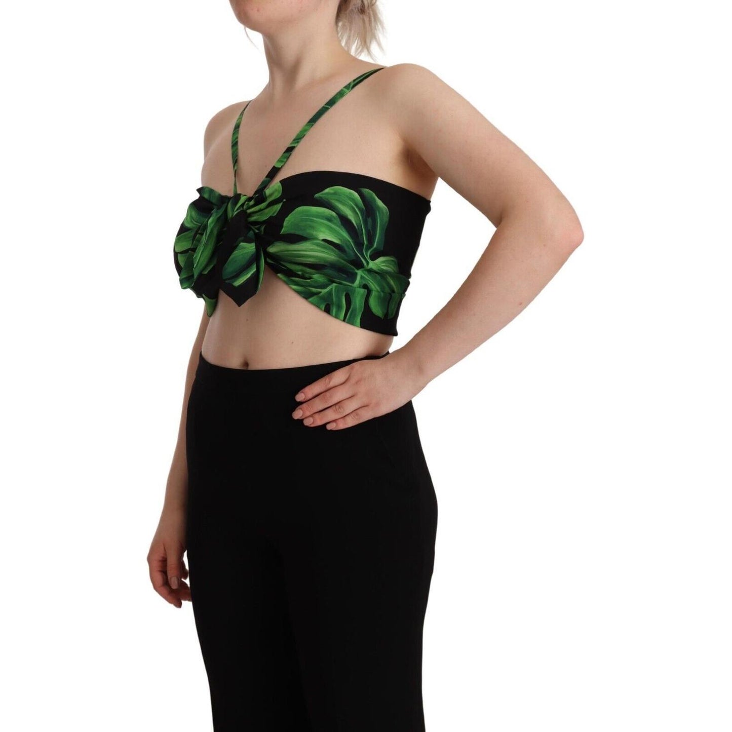 Dolce & Gabbana Black Green Leaf Silk Halter Cropped Top 1728,67345645728,Black and Green,Clothing,Dolce & Gabbana,IT48|XXL,Material: 89% Silk 11% Elastane,New with tags,Sleeveless - T-Shirts - Clothing,T-Shirts - Clothing,Tops & T-Shirts - Women - Clothi