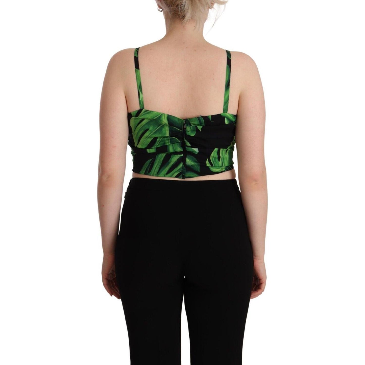 Dolce & Gabbana Black Green Leaf Silk Halter Cropped Top 1728,67345645728,Black and Green,Clothing,Dolce & Gabbana,IT48|XXL,Material: 89% Silk 11% Elastane,New with tags,Sleeveless - T-Shirts - Clothing,T-Shirts - Clothing,Tops & T-Shirts - Women - Clothi