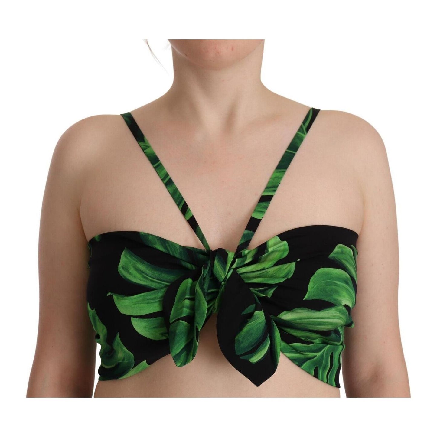 Dolce & Gabbana Black Green Leaf Silk Halter Cropped Top 1728,67345645728,Black and Green,Clothing,Dolce & Gabbana,IT48|XXL,Material: 89% Silk 11% Elastane,New with tags,Sleeveless - T-Shirts - Clothing,T-Shirts - Clothing,Tops & T-Shirts - Women - Clothi