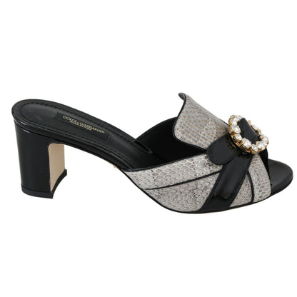 Dolce & Gabbana Black Gray Exotic Leather Crystals Sandals Shoes