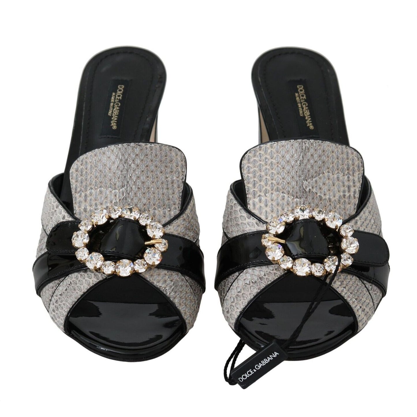 Dolce & Gabbana Black Gray Exotic Leather Crystals Sandals Shoes