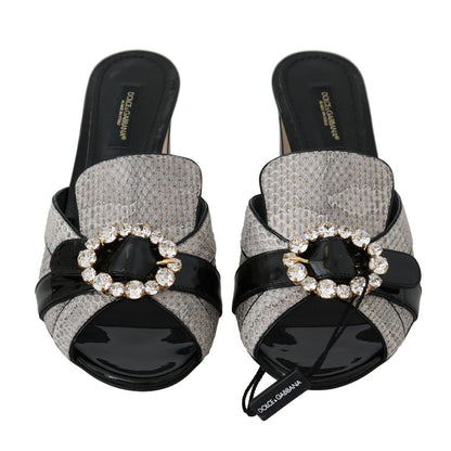 Dolce & Gabbana Black Gray Exotic Leather Crystals Sandals Shoes