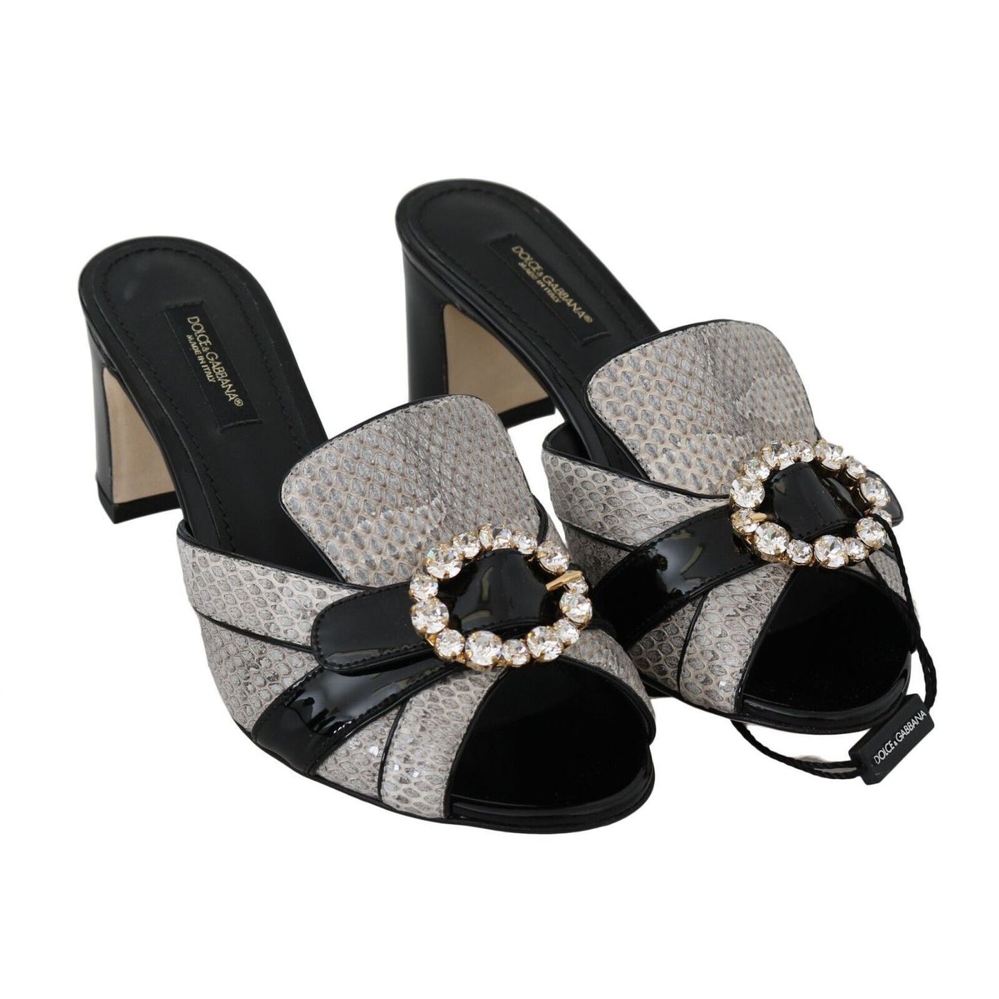 Dolce & Gabbana Black Gray Exotic Leather Crystals Sandals Shoes