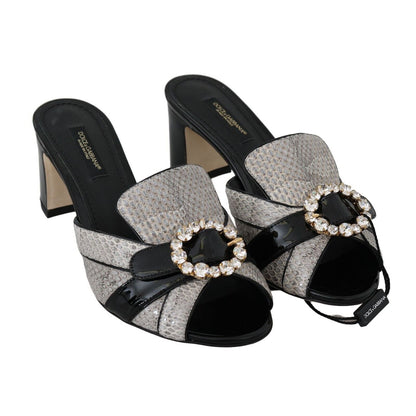 Dolce & Gabbana Black Gray Exotic Leather Crystals Sandals Shoes