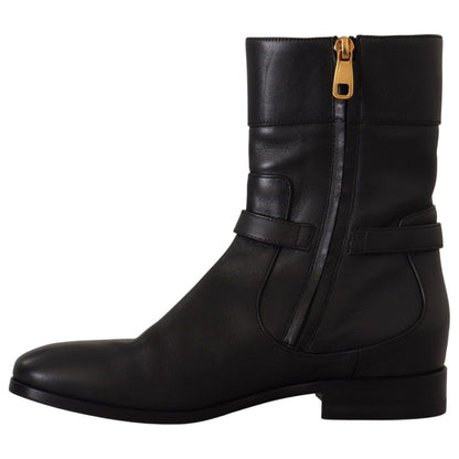 Dolce & Gabbana Black Leather Flats Logo Short Boots Shoes
