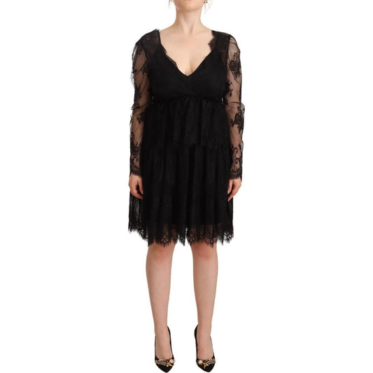 Aniye By Black Floral Lace Cotton Long Sleeves V-neck Shift Dress