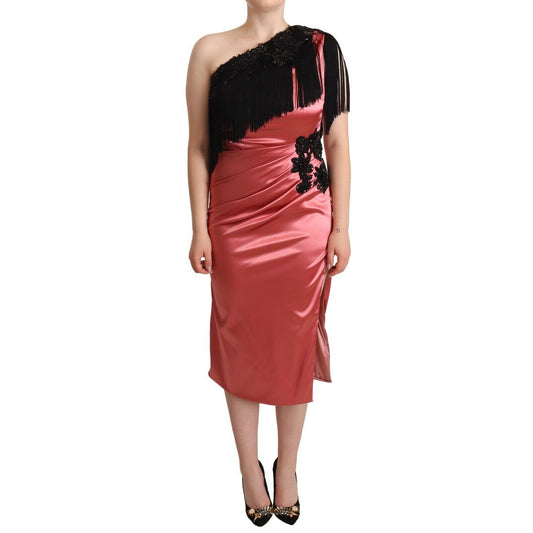 Dolce & Gabbana Pink One-Shoulder Silk Tassel Fringe Gown Mid Dress