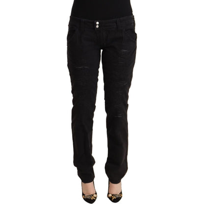 CYCLE Black Cotton Distressed Low Waist Slim Fit Denim Jeans