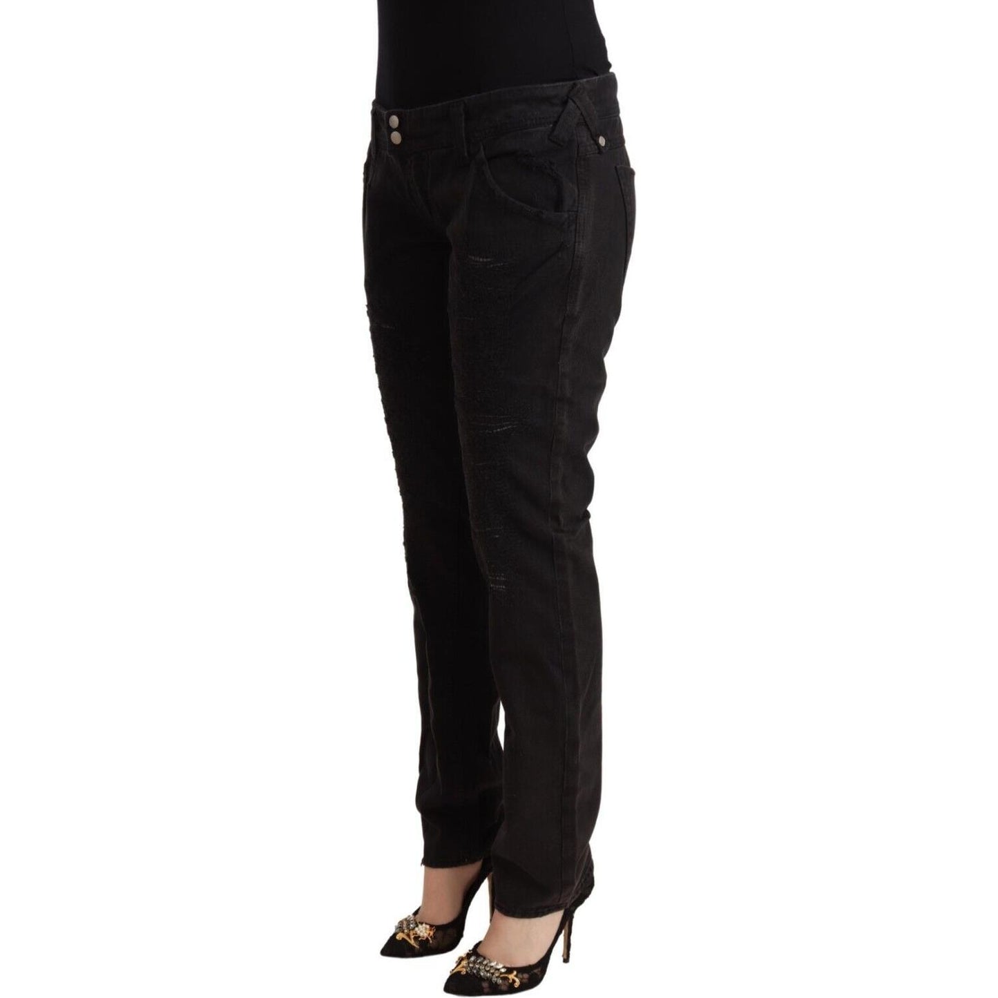 CYCLE Black Cotton Distressed Low Waist Slim Fit Denim Jeans