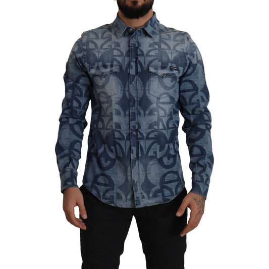 Dolce & Gabbana Blue Denim Stretch DG Logo Casual Mens Slim Shirt
