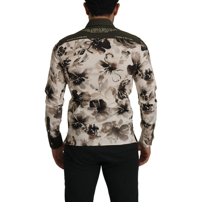 Dolce & Gabbana Green Beige Floral Cotton Stretch Exclusive Shirt
