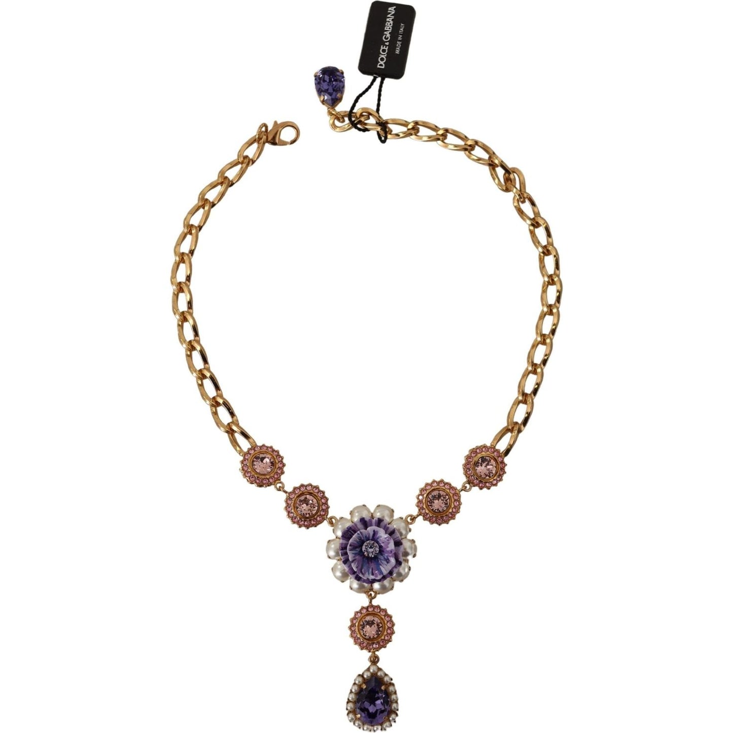 Dolce & Gabbana Gold Brass Crystal Purple Pink Pearl Pendants Necklace Dolce & Gabbana