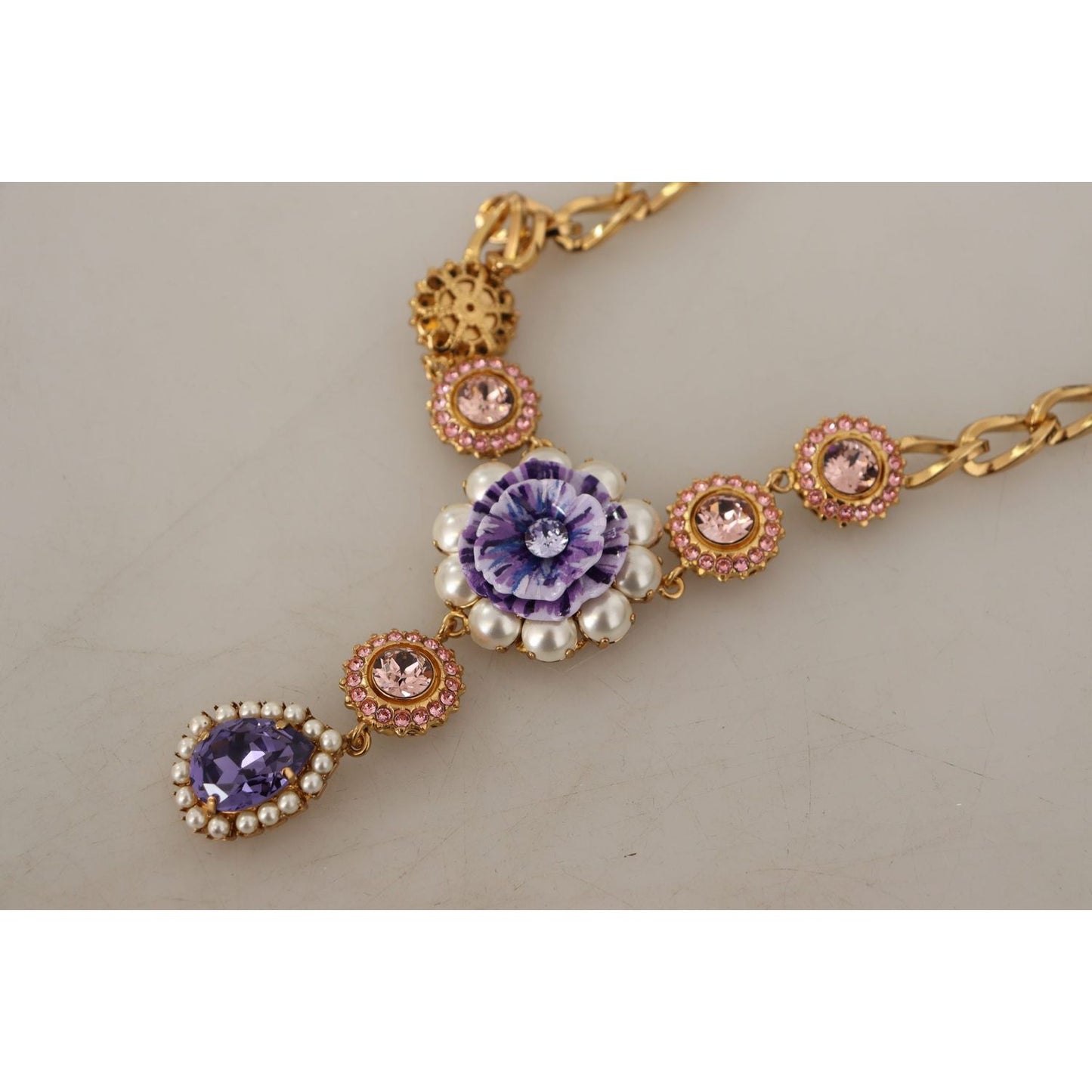 Dolce & Gabbana Gold Brass Crystal Purple Pink Pearl Pendants Necklace Dolce & Gabbana