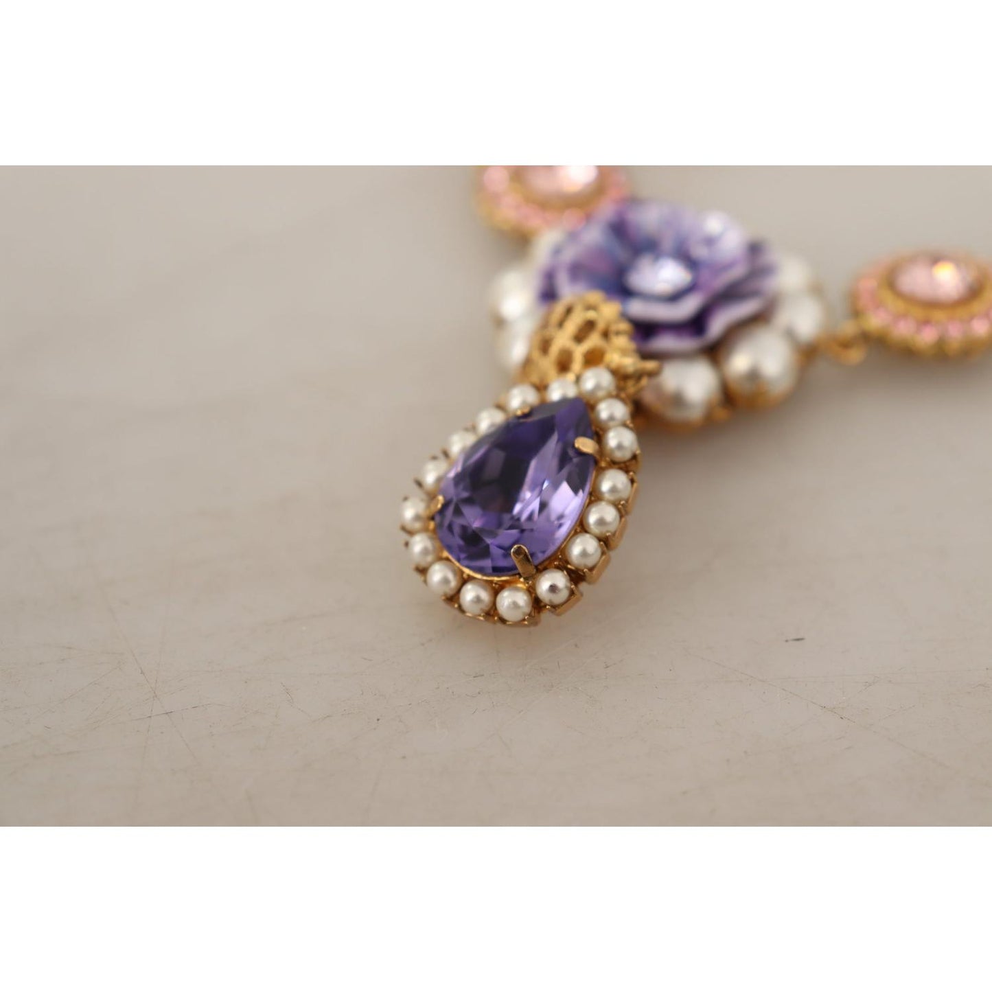 Dolce & Gabbana Gold Brass Crystal Purple Pink Pearl Pendants Necklace Dolce & Gabbana
