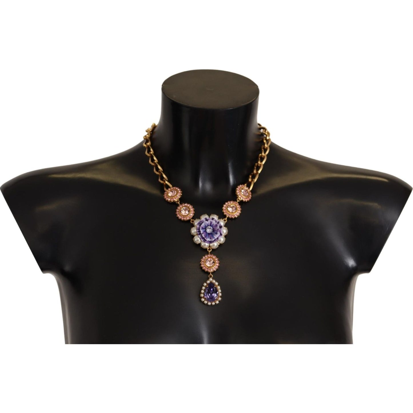 Dolce & Gabbana Gold Brass Crystal Purple Pink Pearl Pendants Necklace Dolce & Gabbana