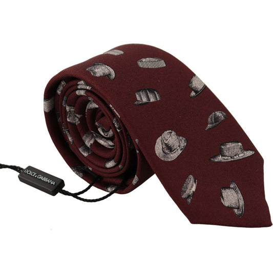 Dolce & Gabbana Maroon Hat Pattern 100% Silk Adjustable Accessory Tie Dolce & Gabbana