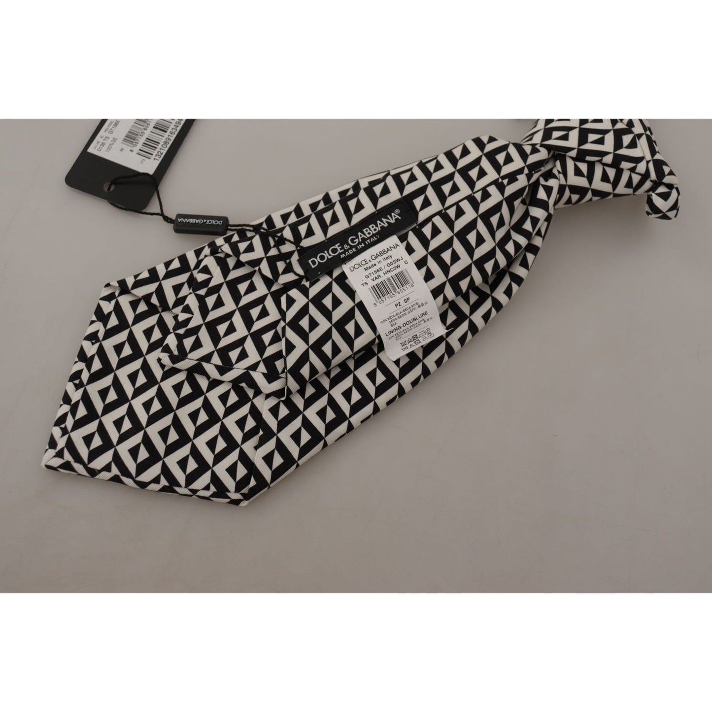 Dolce & Gabbana Black White Geometric 100% Silk Adjustable Accessory Tie Dolce & Gabbana