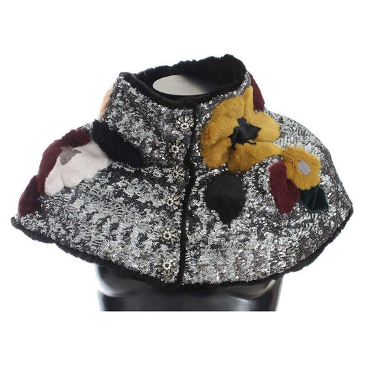 Dolce & Gabbana Silver Sequined Floral Weasel Fur Shoulder Scarf Wrap Dolce & Gabbana