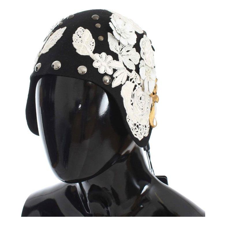 Dolce & Gabbana Black Wool White Floral Gold Leaf Hat Dolce & Gabbana