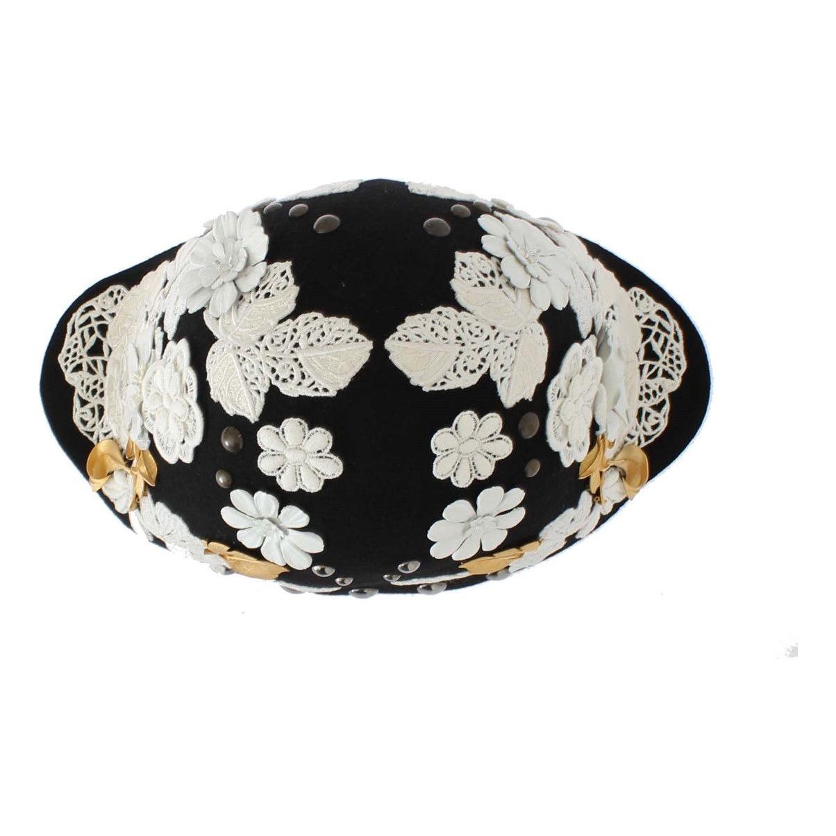 Dolce & Gabbana Black Wool White Floral Gold Leaf Hat Dolce & Gabbana