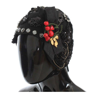 Dolce & Gabbana Black Crystal Gold Cherries Brooch Hat Dolce & Gabbana