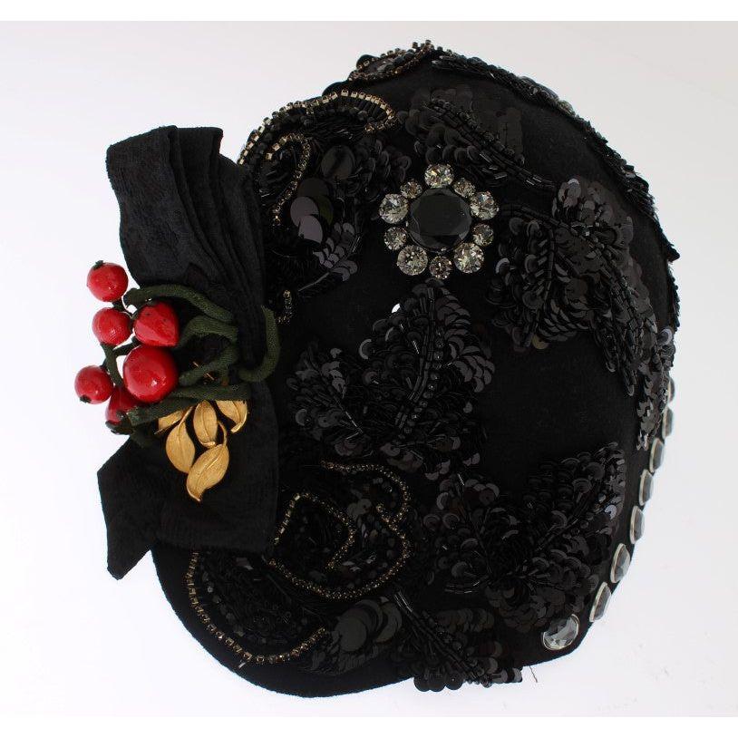 Dolce & Gabbana Black Crystal Gold Cherries Brooch Hat Dolce & Gabbana