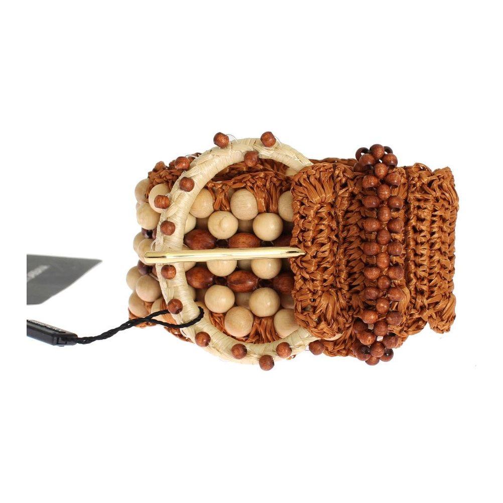 Dolce & Gabbana Brown Raffia Wood Beaded Wide Waist Belt Dolce & Gabbana