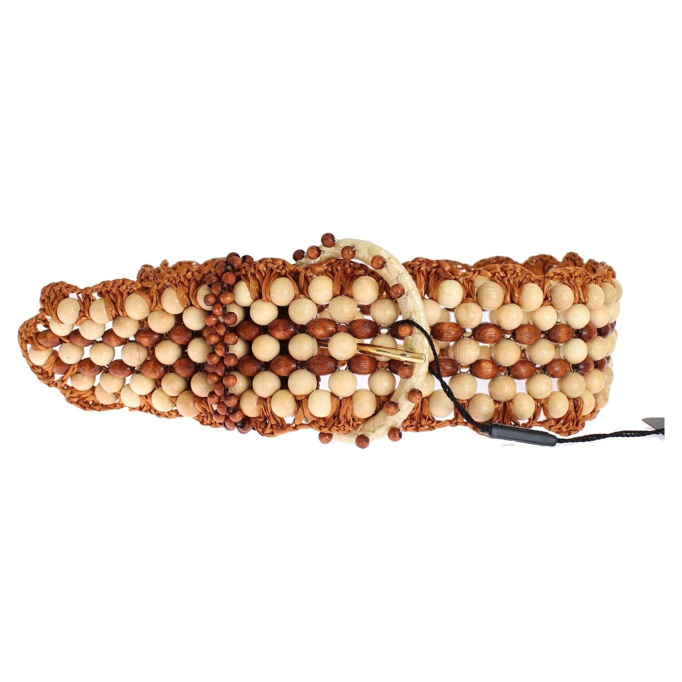 Dolce & Gabbana Brown Raffia Wood Beaded Wide Waist Belt Dolce & Gabbana