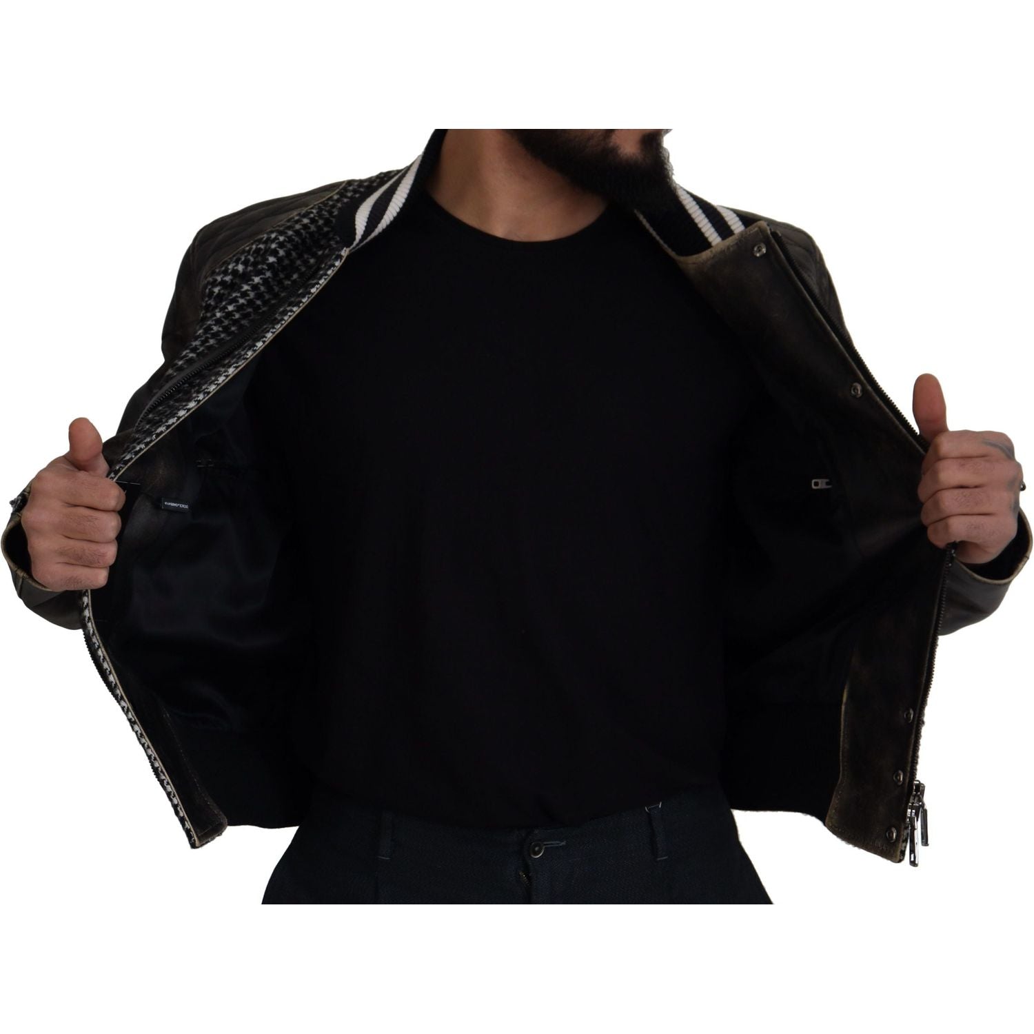 Dolce & Gabbana Black Houndstooth Polyester Bomber Jacket