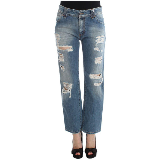 John Galliano Blue Wash Cotton Boyfriend Fit Cropped Jeans John Galliano