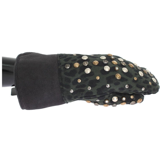Dolce & Gabbana Gray Wool Shearling Studded Green Leopard Gloves
