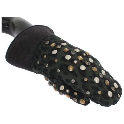 Dolce & Gabbana Gray Wool Shearling Studded Green Leopard Gloves