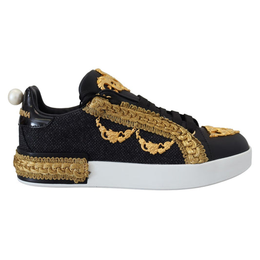 Dolce & Gabbana Black Gold Baroque Portofino Leather Sneakers Shoes Dolce & Gabbana