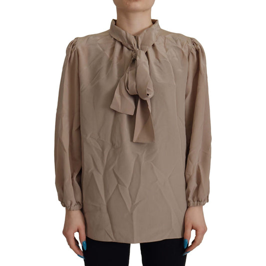 Dolce & Gabbana Brown Waistband Sleeves Ascot Collar Top Blouse