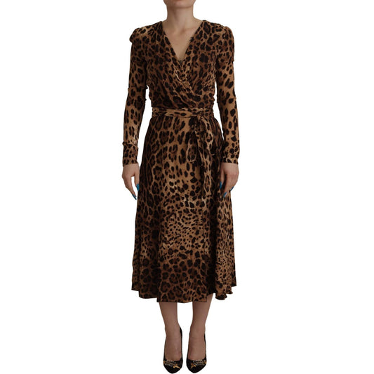 Dolce & Gabbana Brown Leopard Wrap A-line Maxi Viscose Dress 1728,5% Elastane,67345645728,Brown,Clothing,Dolce & Gabbana,Dresses - Clothing,Dresses - Women - Clothing,IT36|XXS,Longsleeve - Dresses - Clothing,Material: 95% Viscose,Midi - Dresses - Clothing