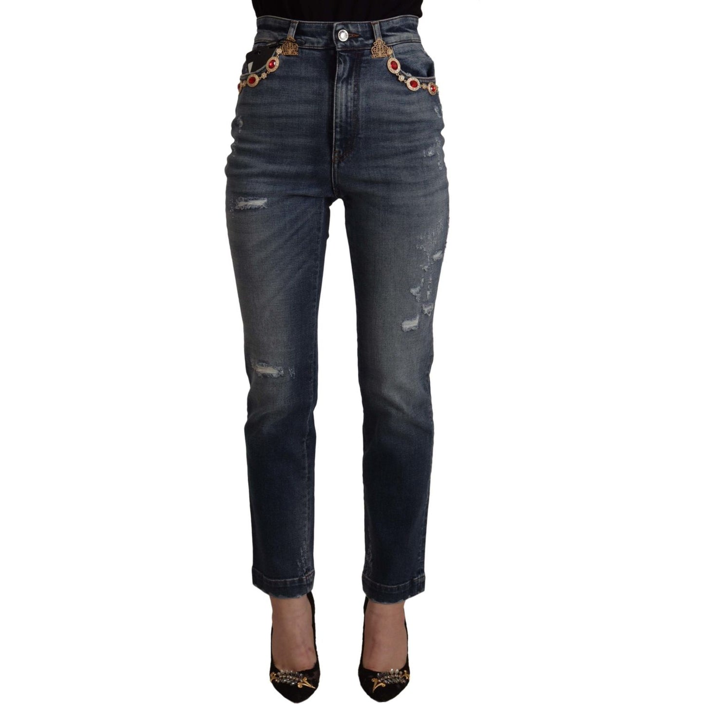 Dolce & Gabbana Blue Denim Crystal Embellished Pants Jeans