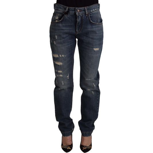 Dolce & Gabbana Blue Denim Baroque Heart Logo Patch Pants Jeans