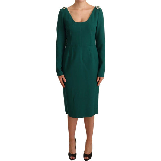 Dolce & Gabbana Green Stretch Crepe Crystal Midi Dress