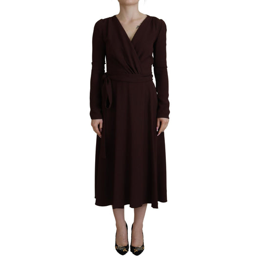 Dolce & Gabbana Brown Wrap Long Sleeve Midi Stretch Dress