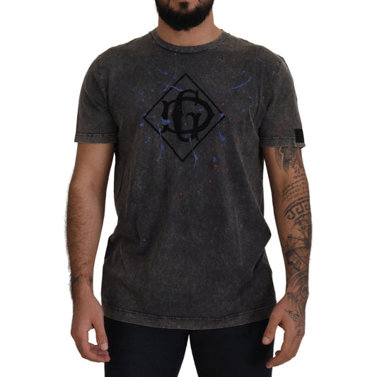 Dolce & Gabbana Elevated Grey Cotton Tee with Discolored DG Logo Dolce & Gabbana