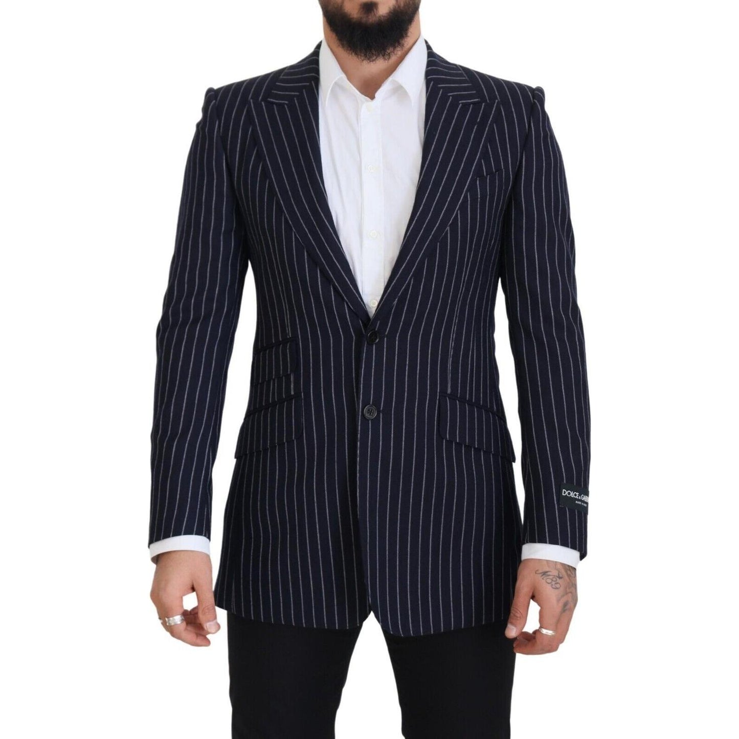 Dolce & Gabbana Dark Blue Stripe Wool Single Breasted Blazer