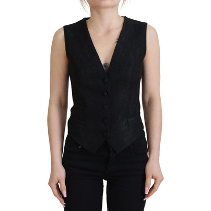 Dolce & Gabbana Black Brocade Button Down Sleeveless Vest Top Dolce & Gabbana