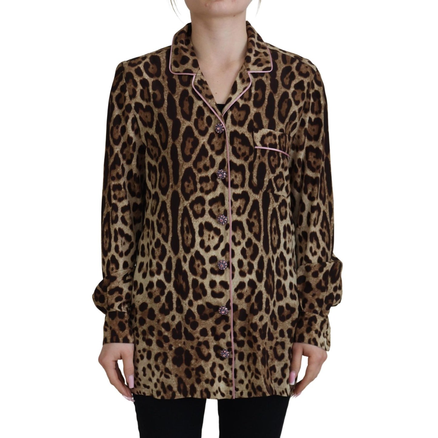 Dolce & Gabbana Brown Leopard Print Long Sleeves Blouse Top