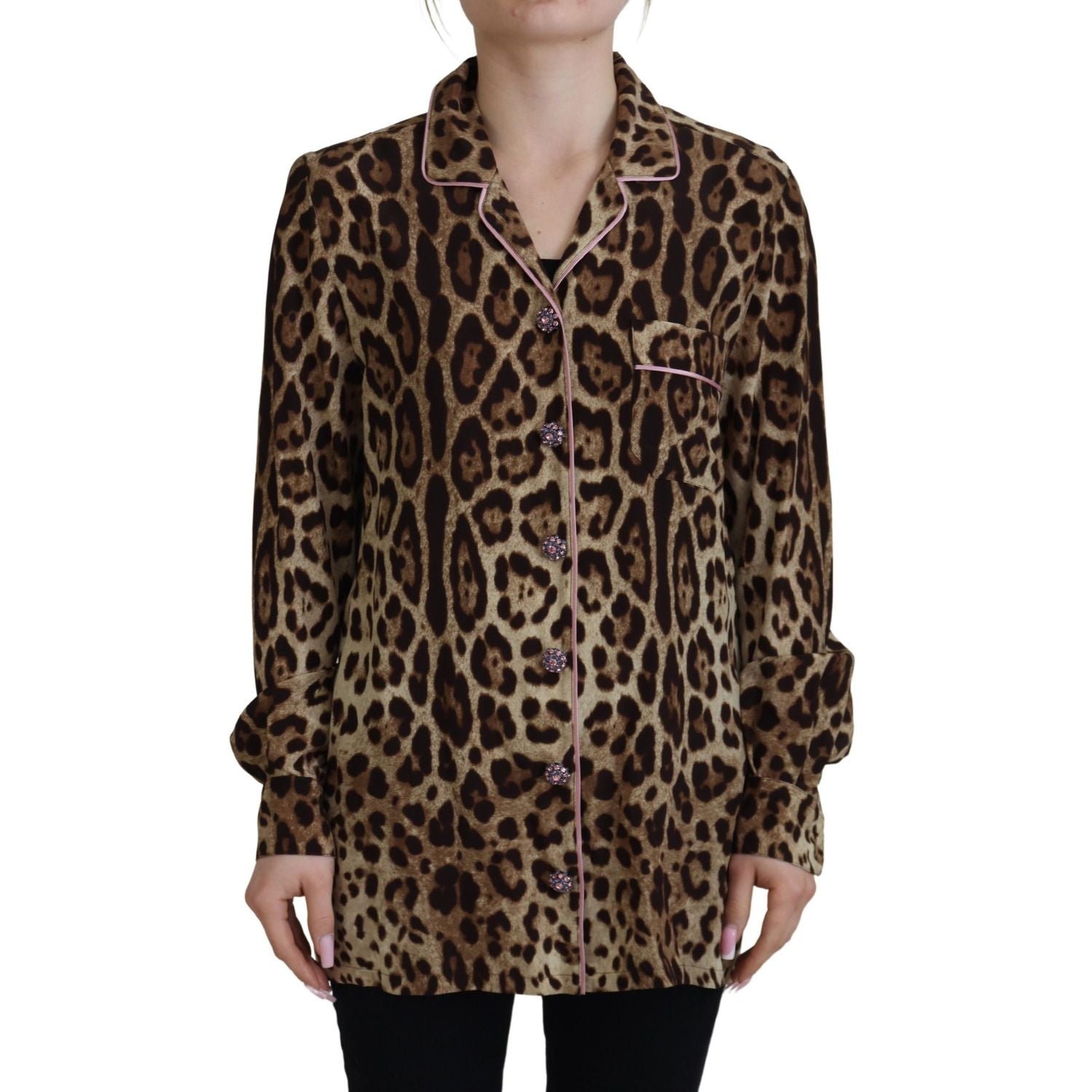 Dolce & Gabbana Brown Leopard Print Long Sleeves Blouse Top