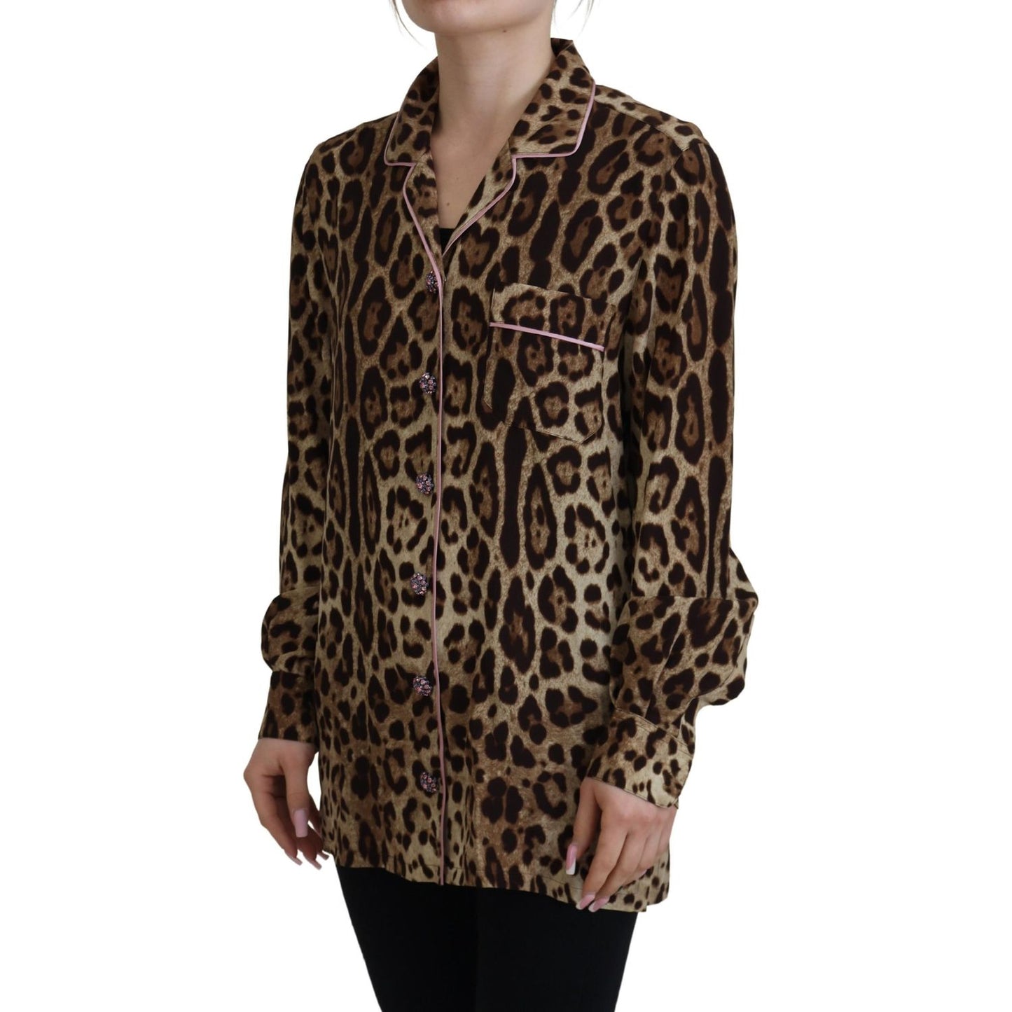 Dolce & Gabbana Brown Leopard Print Long Sleeves Blouse Top