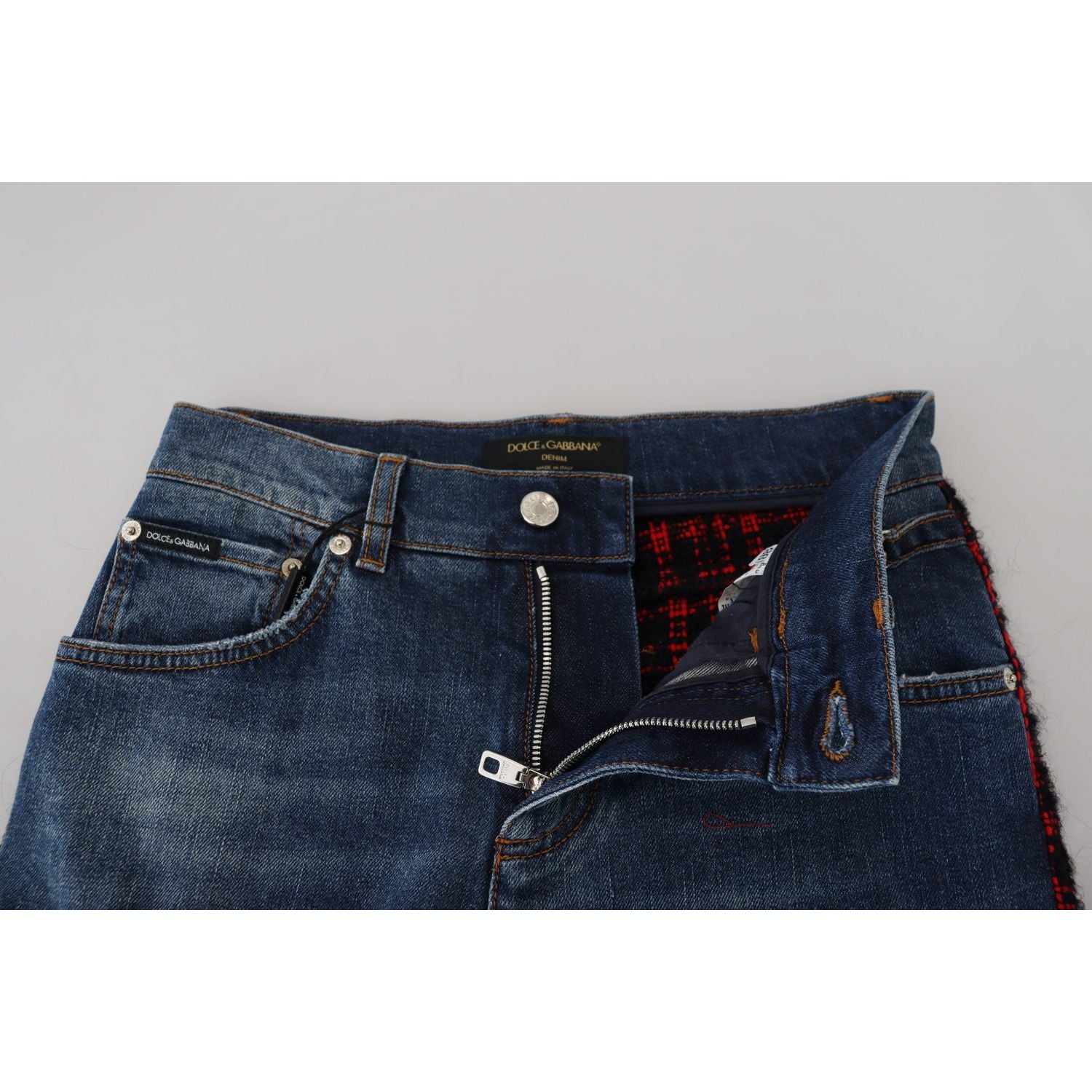 优雅格纹后背牛仔裤